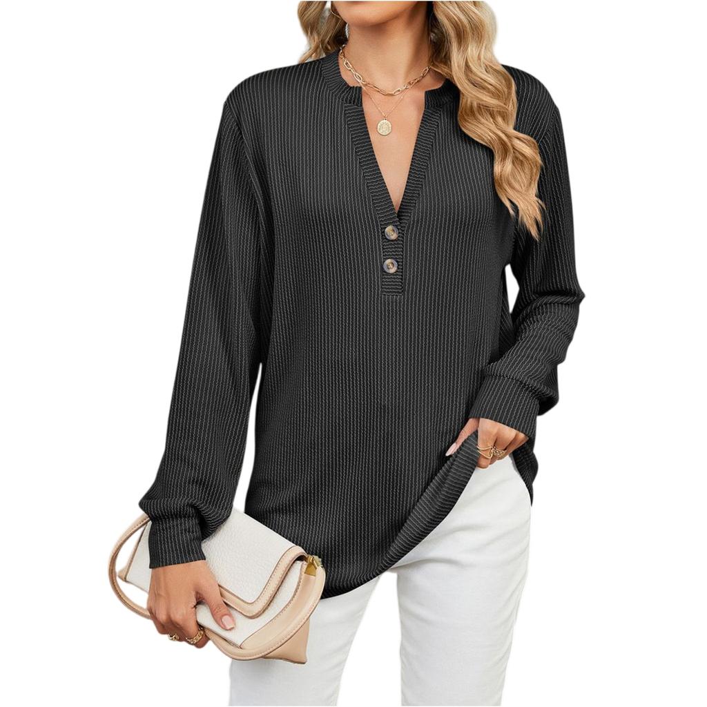 Women's Fashionable Solid Color V-neck Long Sleeved Button Casual Pullover Top