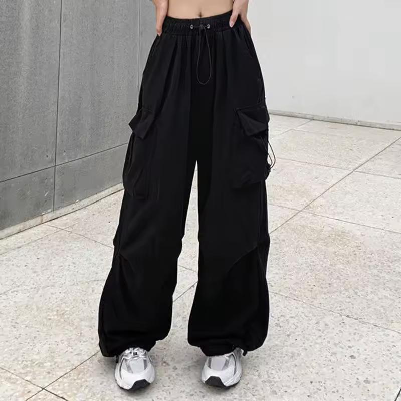 Women Casual Baggy Cargo Pants Solid Low Waist Joggers Tech Pants Drawstring Wide Leg Baggy Trousers Y2K Streetwear Sweatpants