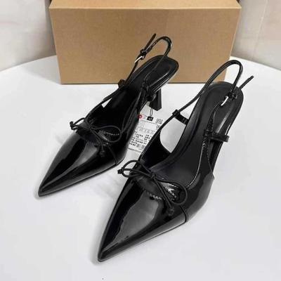 Pointed Toe High Heeled Women Dress Shoes Luxury Black Patent Leather Bow Knot Slingback Formal Party Wedding Pumps for Ladies