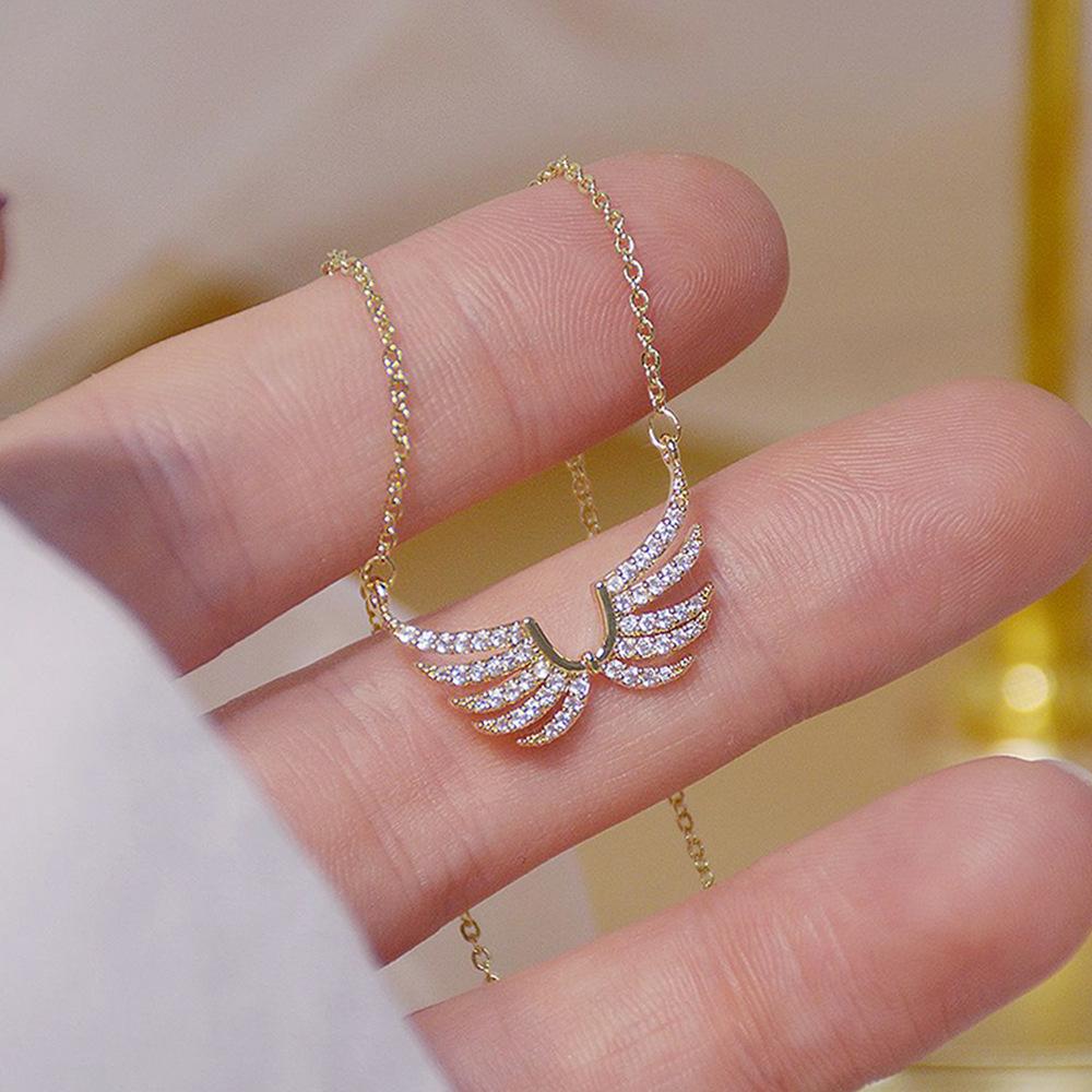 Collana Ciondolo Ali d'Angelo Placcate Oro con Zirconi, Collana Sottile e Scintillante con Catena a Maglia per Donna