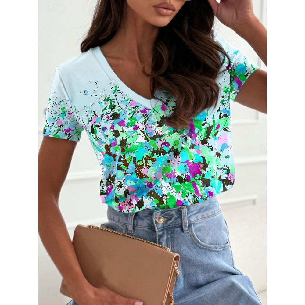 Women's Trendy T-Shirts Flower Graphics Fashion Short Sleeved V-Neck Regular Tops Daily Prints Summer Y2K Casual Tops