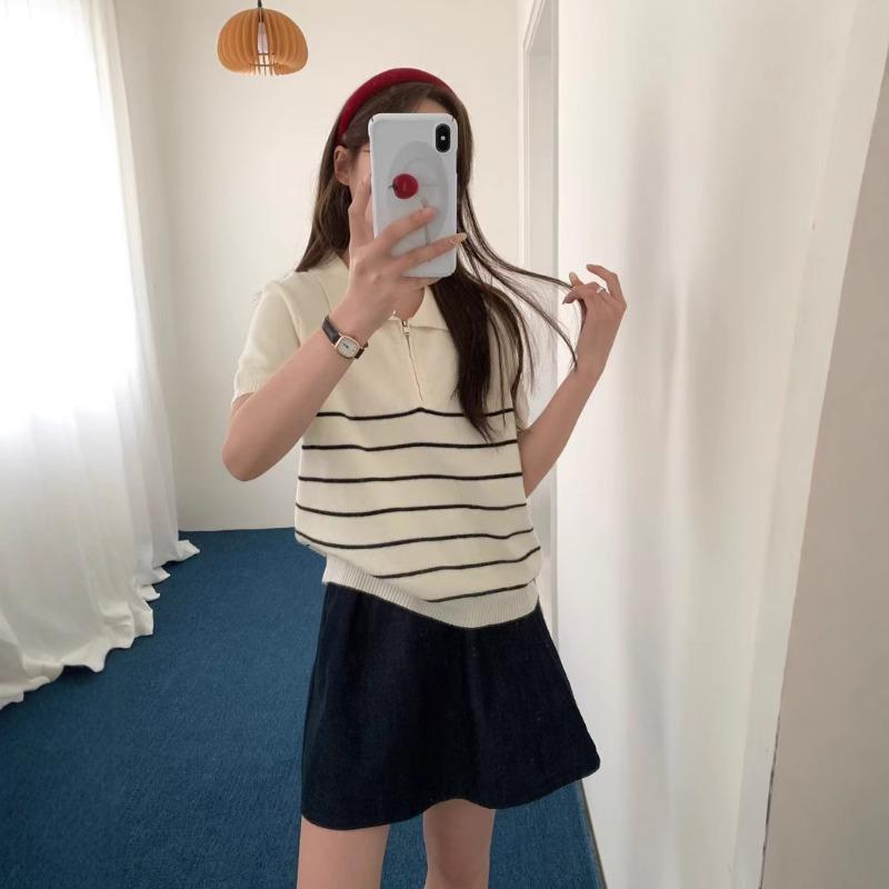 Striped short-sleeved knitted sweater top spring and summer new polo collar half zipper versatile loose and thin T-shirt women