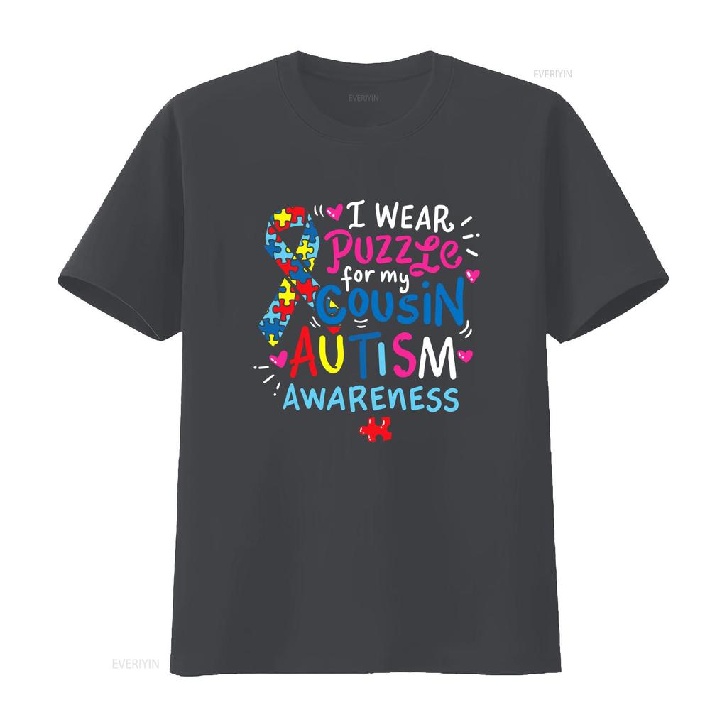 Autism Awareness I Wear Puzzle For My Cousin Colorful Print Casual T Shirt Vintage Washed Top For Everyday Wear Versatile