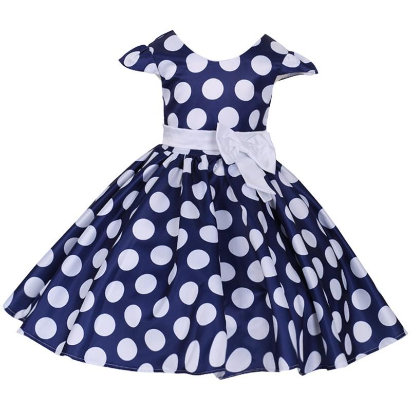 Girls Polka Dot Short Sleeve Bow Dress Kids Formal Party Gown 3-12 Years Old