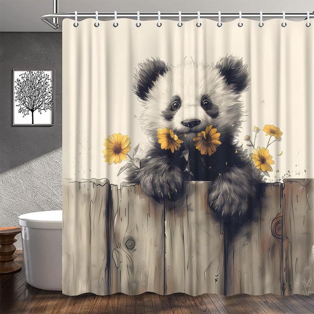 Tenda da Doccia Panda, Animale Divertente e Floreale Giallo - Recinzione Rustica, Design in Legno Rustico, Poliestere, 12 Ganci
