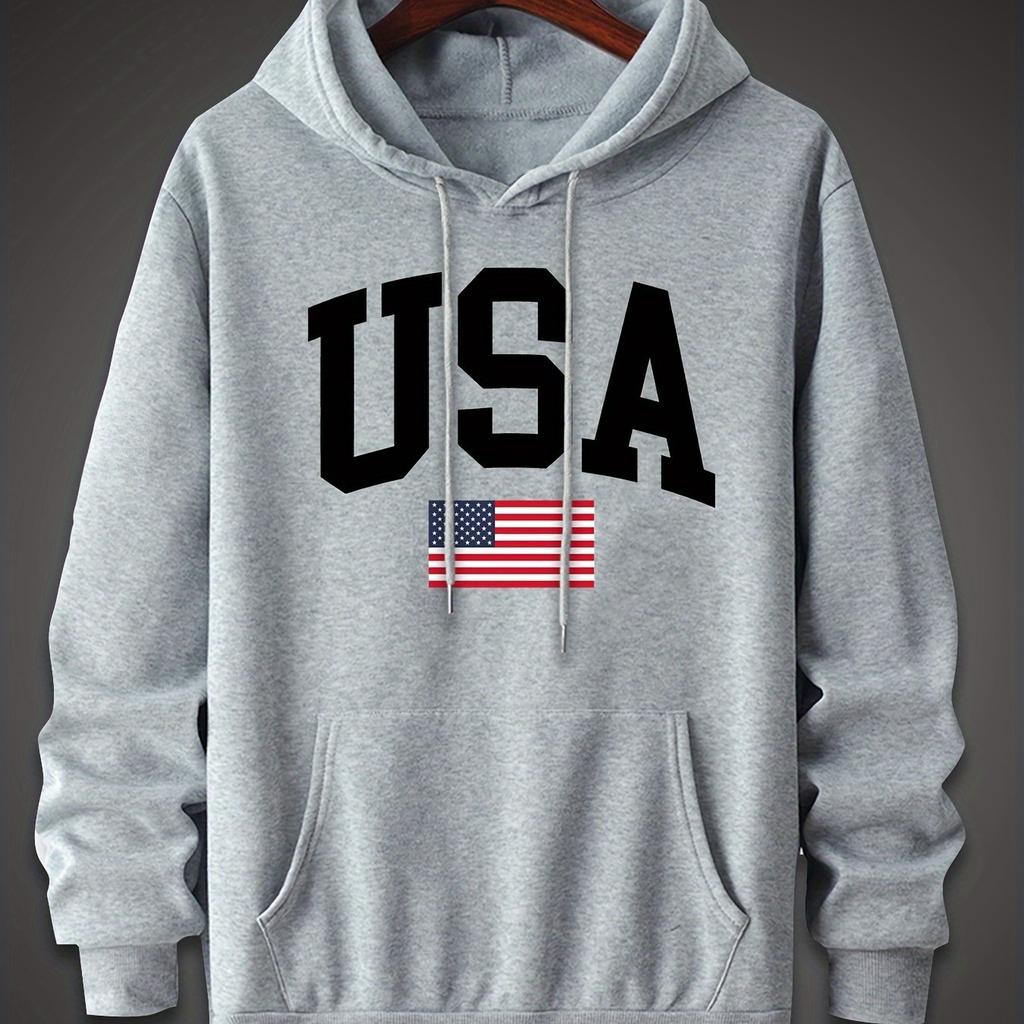 Men's Autumn and Winter Fashionable Casual Hoodie, Simple Printed American Flag, Comfortable Hooded Long-sleeved Sweatshirt