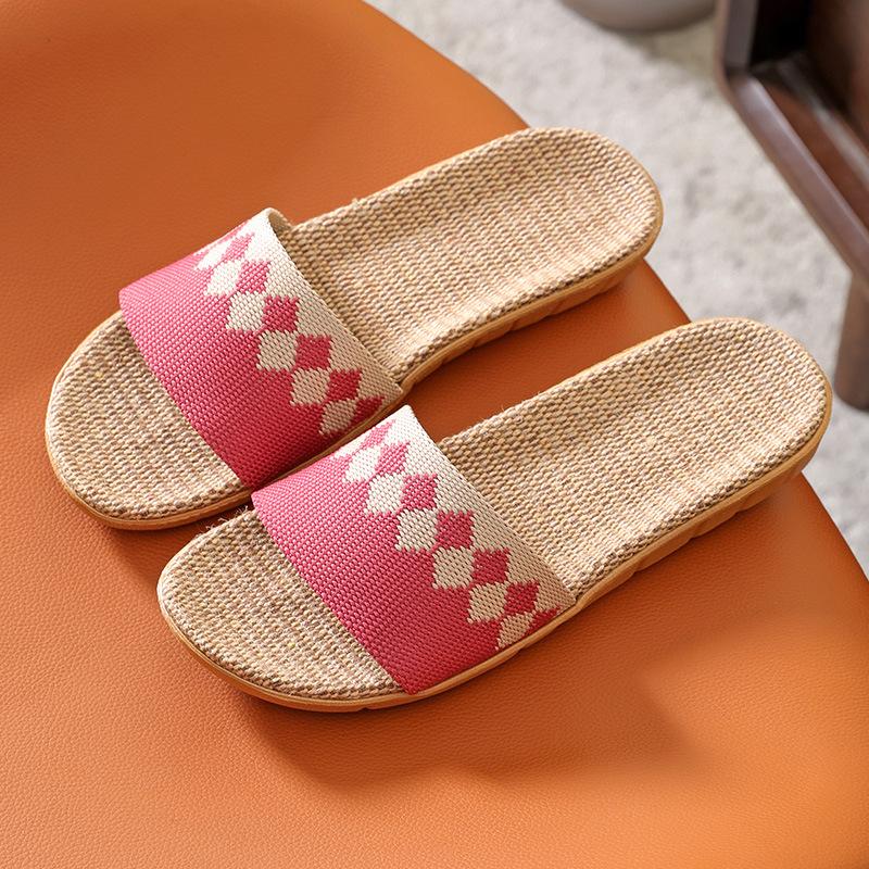 Women Men Block Linen Indoor and Outdoor Home Wooden Floor Tiles Slip Summer Four Seasons Linen Open Toe Straw Straw Slippers