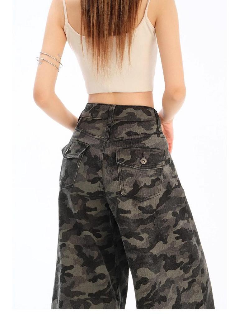 Q2523 Neutral Camo Wide-Leg Women's Jeans - Spring/Autumn New Arrival, Loose Fit, Floor-Length.