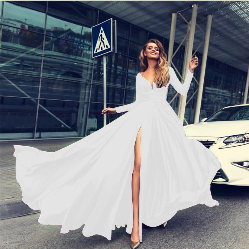 2026 Nouvelle Robe Sexy en Soie de Lait Décolleté Plongeant, Manches Longues, Large Ourlet, Fente pour Robes de Soirée Robes Longues Élégantes avec Haute Fente