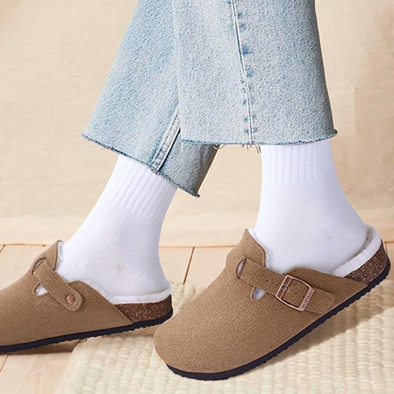 Mules d'hiver tendance Smile pour femmes, pantoufles d'extérieur confortables et tendance pour femmes, doublées de fourrure et chaudes, sabots en daim pour femmes avec boucle réglable