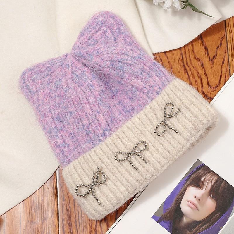 Autumn and Winter New Cute Cat Ears Bow Wool Hat Versatile Women's Big Head Circumference Ear Protector Knitted Cold Hat Wholesale
