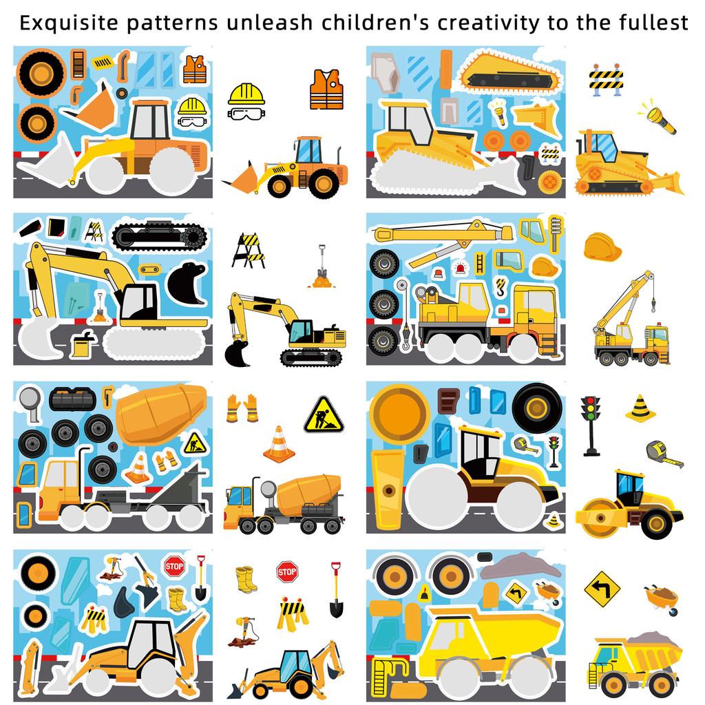 16Pcs Cartoon Engineering Car Puzzle Stickers Luggage Make A Face Notebook Puzzle Stationery Diy Stic