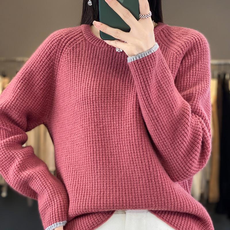 Women's Slim-Fit Color-Block Waffle Knit Wool Sweater - Stylish, Age-Reducing, Thickened Round Neck Base Layer Sweater, New Arrival