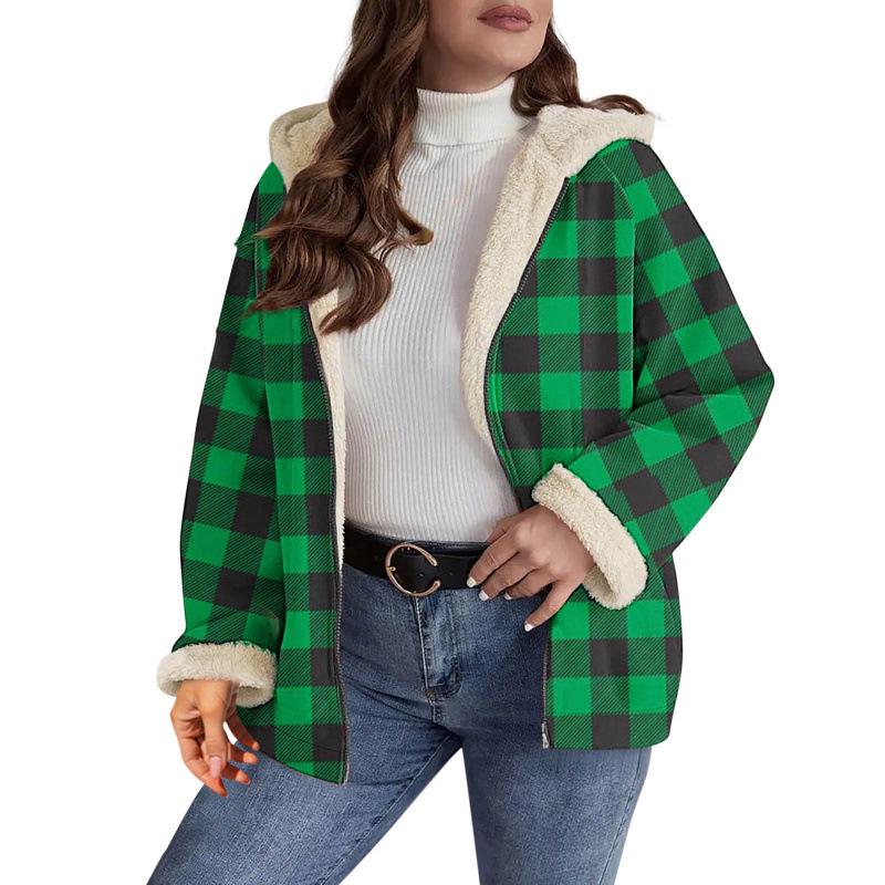 

2025 Autumn Women s Plaid Print Casual Zipper Hoodie - European & American Style XL зелений