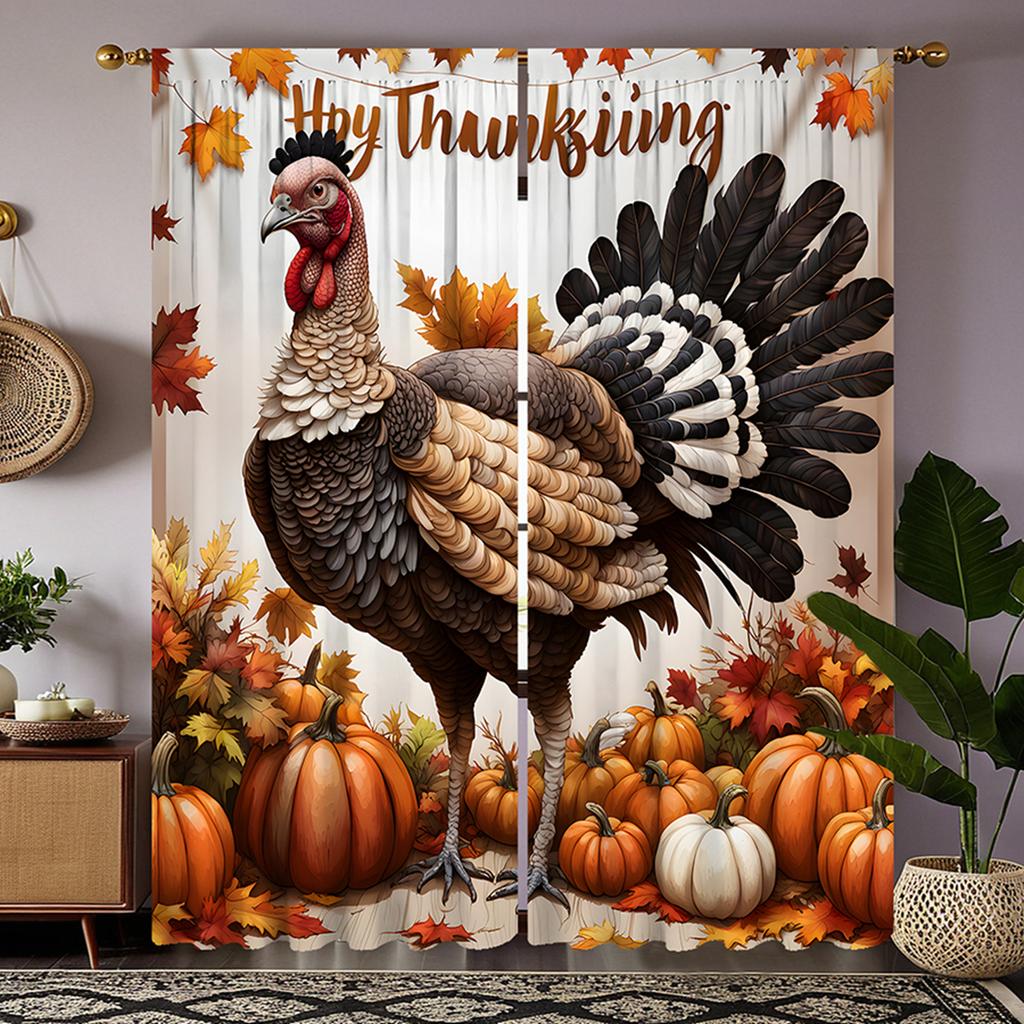 2pcs Set HD Thanksgiving Turkey Pumpkin Maple Leaf Decorative Curtain Yellow Tie Digital Printed Curtain Home Decor Styl