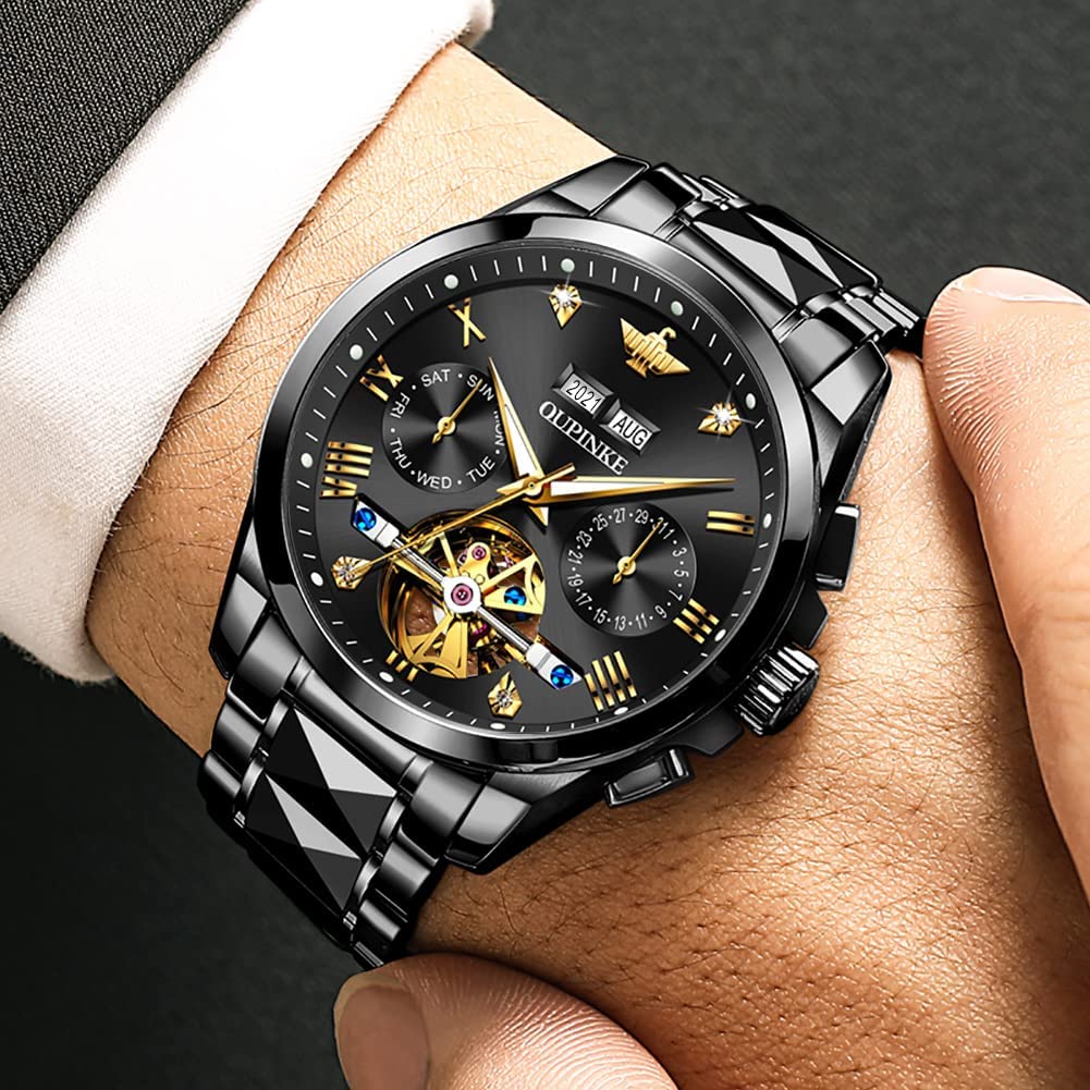 All Black Automatic Watch Luxury Gentleman Popular Skeleton Tungsten Sapphire Luminous 5 ATM Water Resistant Date Day of the Week Black Men's