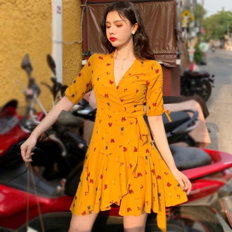 Estilo francés Estilo navideño Floral Mini vestidos Verano Cuello en V  Manga corta Beach Vestidos comprar a buen precio — entrega gratuita,  reseñas reales con fotos — Joom