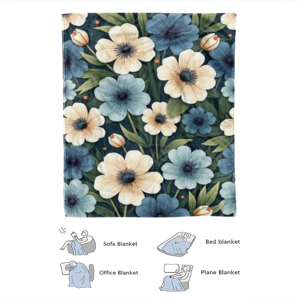 1pc Extra Large Soft Fleece Blanket - Navy Blue, Beige, White, Green Floral pattern - All-Season Luxury Bedspread/Throw - Machin