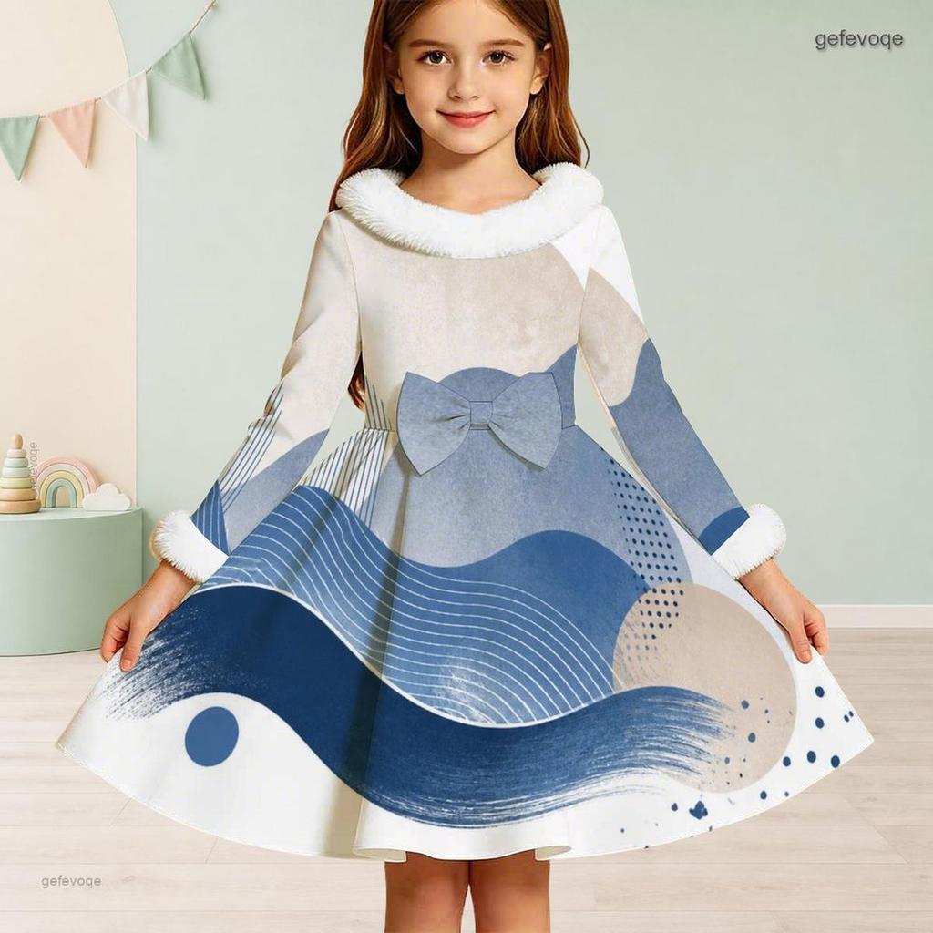Girls Furry Collar Long Sleeve Beige Black Printed A Line Flared Dress With Bow
