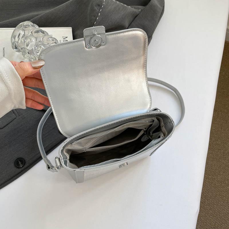 Fashion Metallic Silver Mini Satchel Bag Elegant Womens Shoulder Bags Versatile PU Leather Ladies Crossbody Purse Square Handbag