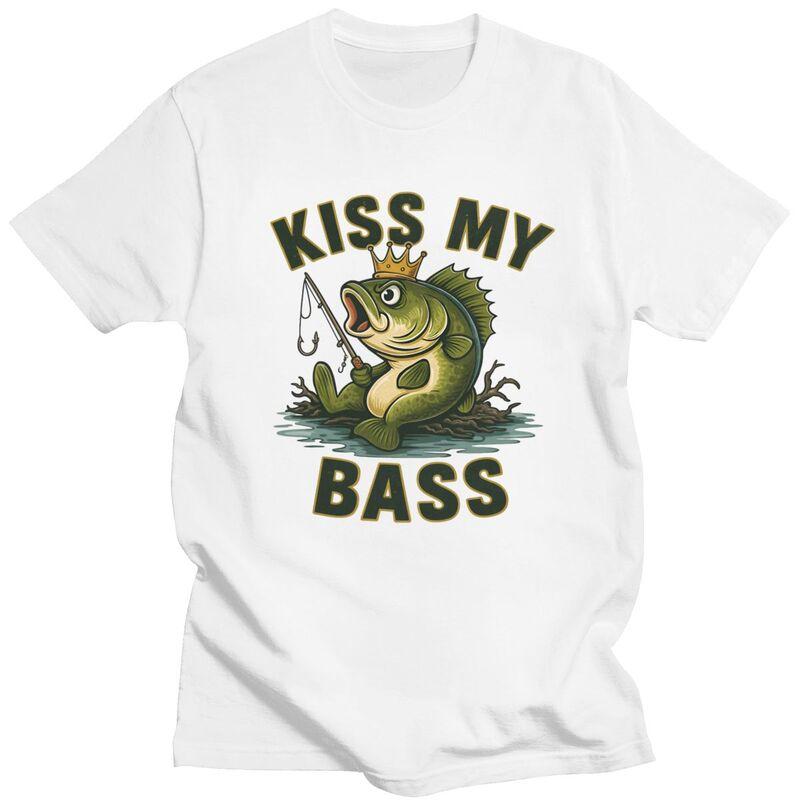 Kiss My Bass Tshirts for Men Short Sleeves T Shirt Cool Angler Fishing Lover Tshirts Pure Cotton Tees Valentines Day Gift