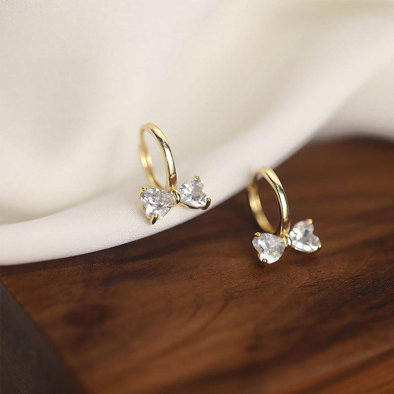 14K Gold Plated Sterling Silver Bow Ear Cuff Earrings with Heart-Shaped Zirconia for Women Gold Pair