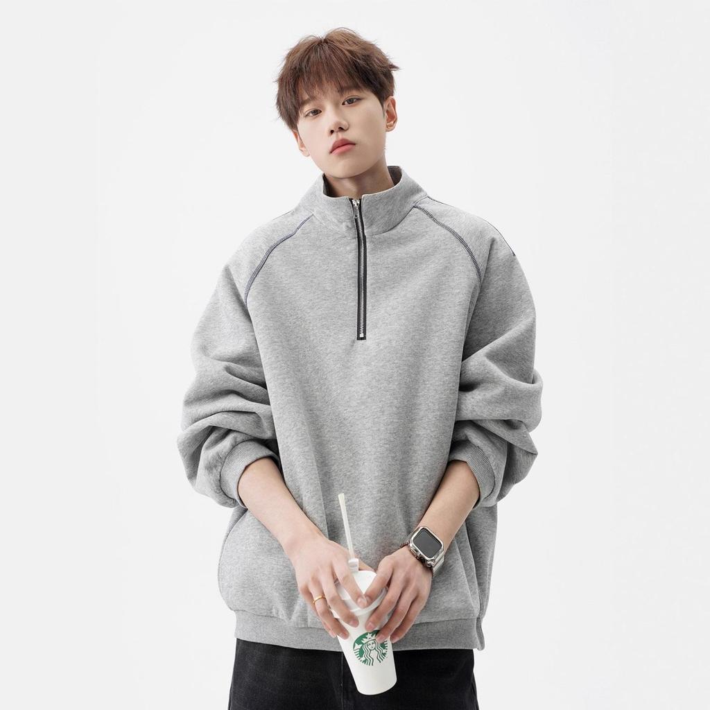 Men's Autumn Trendy Navy Blue Half-Zip Stand-Collar Hoodie Jacket