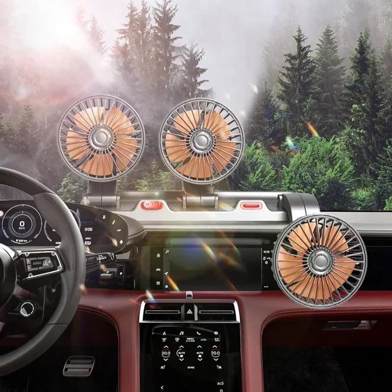 Ventilateur de voiture 360 ​​° réglable 3 têtes ventilateur électrique automobile USB/12 V/24 V ventilateur 2 vitesses voiture ventilateur silencieux pour bureau à domicile et voiture