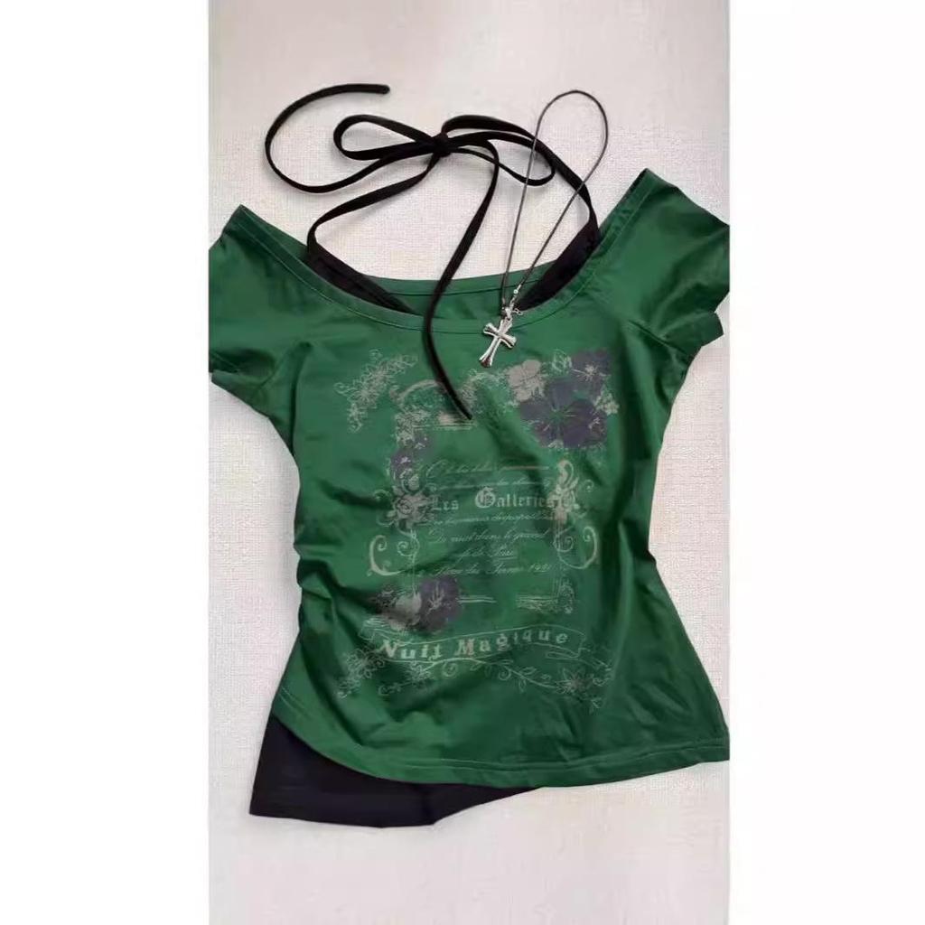 Vintage Y2K Sweet-Spicy Halter Two-Piece Style Cropped Tee