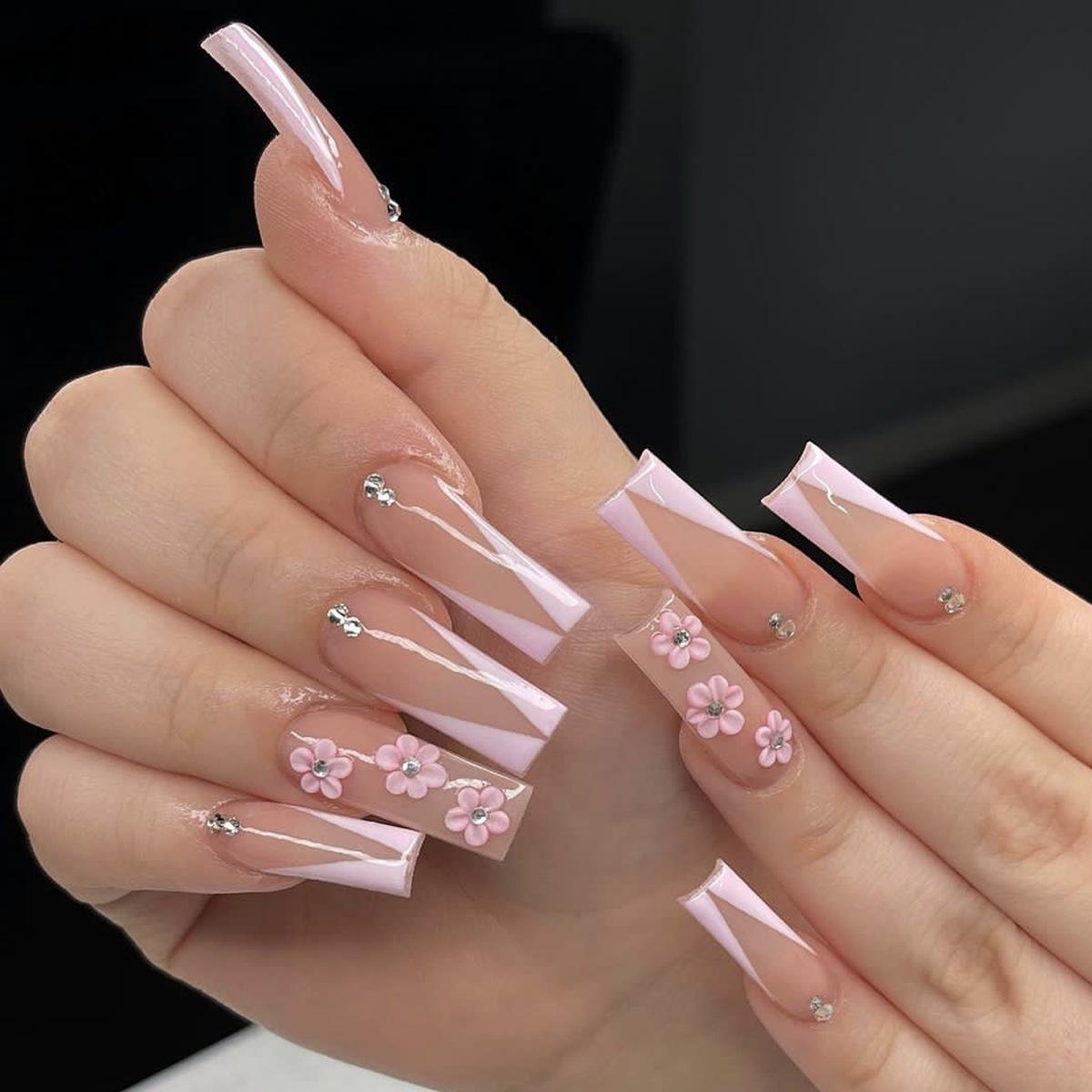 

French Flower Rhinestone Nail Art Tips - Long Wearable False Nails