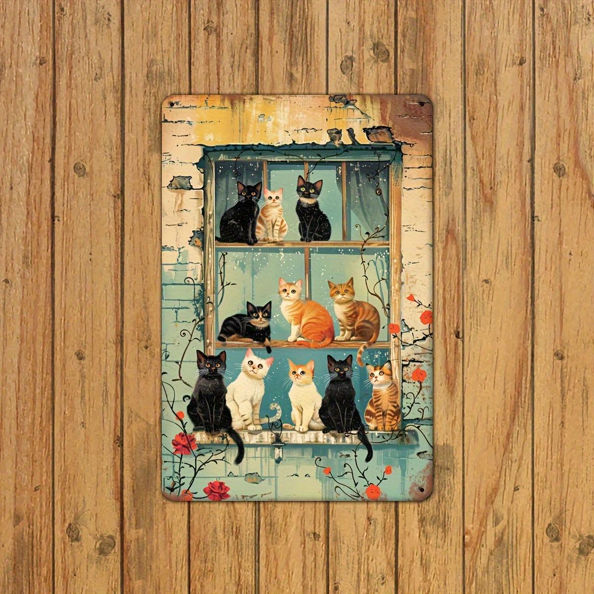 

Whimsy Cat Vintage Iron Sign Rustic Fun Animal Wall Art Decor Colorful Cats in Quaint Window Scene for Home Cafe Bar G 20x30cm（7.8x11.8inch）