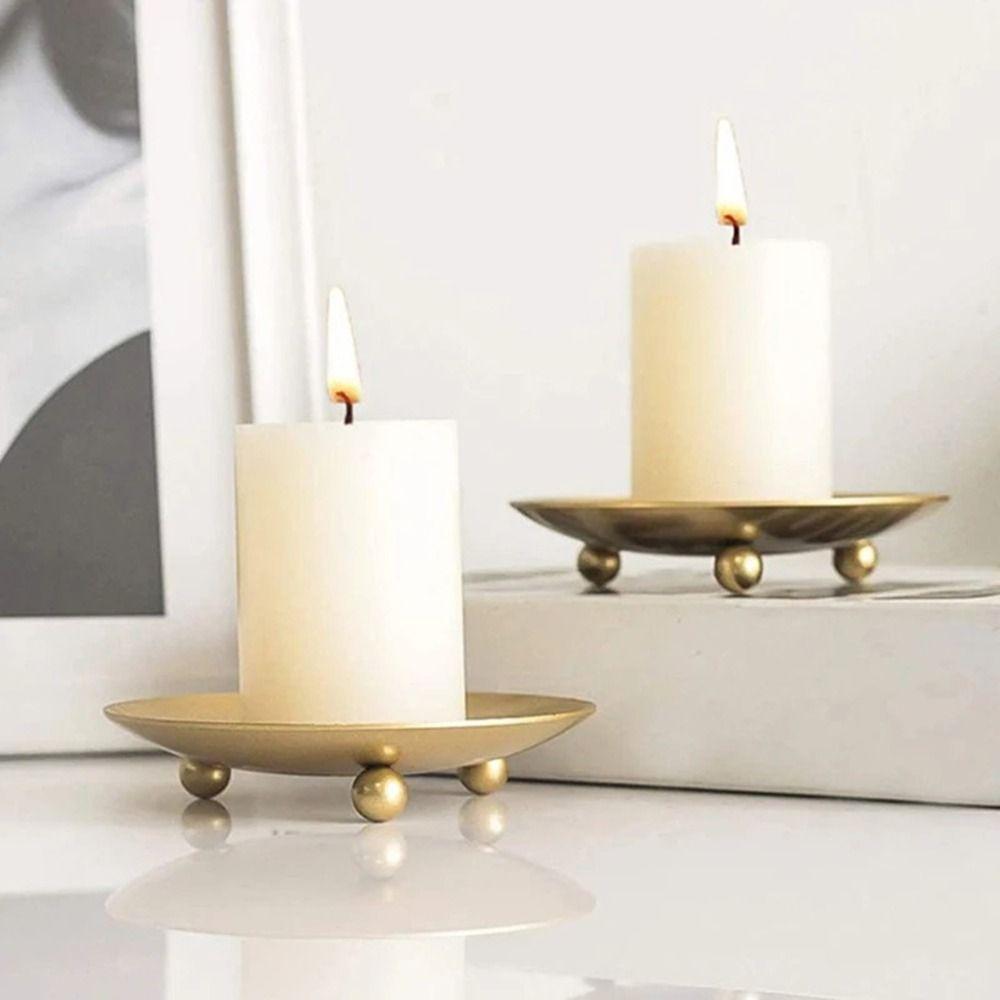 Round Iron Candle Holder Black Festival Candlestick Holder Simple Pillar Metal Plate  Wedding Party