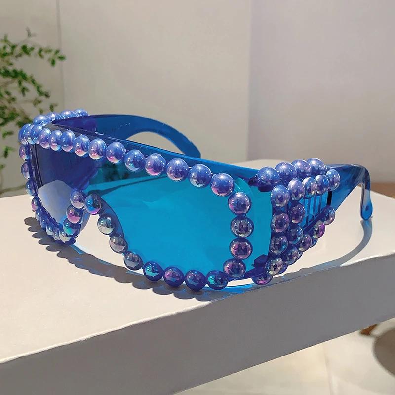 Women Chic Pearls Warp Around Sun Glasses Stylish Candy Color Decor Shades Original Brand Design Travel Holiday Goggle