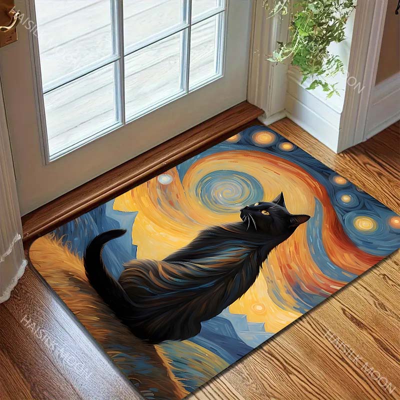 Multiple sizes Black cat in starry sky Print Carpet Rug for Living Room Bedroom Sofa Doormat Home Decor Non-slip Floor Mat