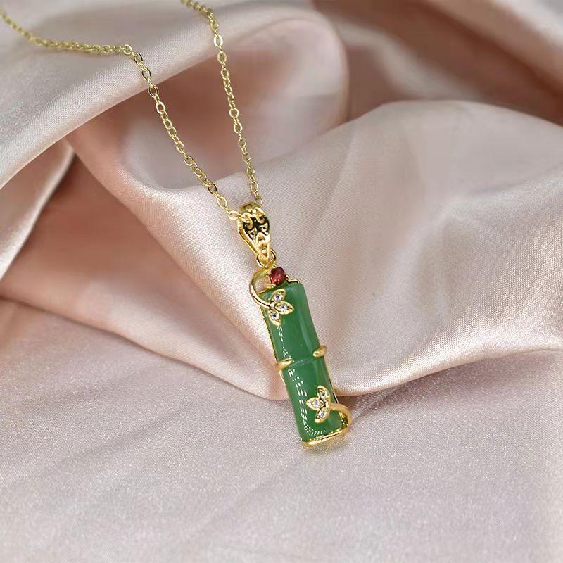 Retro Ethnic Style Safe Bamboo Necklace Women'S Titanium Steel Simulation Hetian Jade Trend Exquisite Collarbone Chain