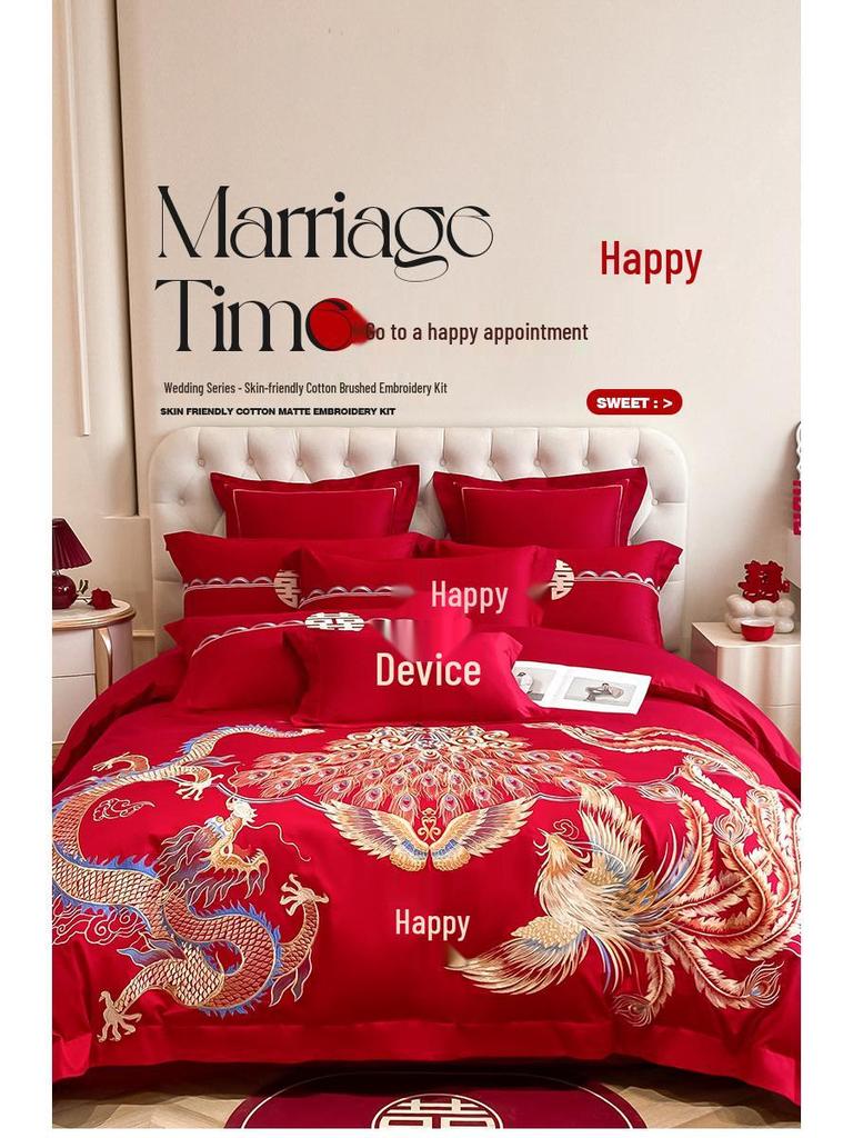 Luxury Dragon & Phoenix Embroidered Wedding Bedding Set - Red Bridal Room Dowry Sheet & Duvet Combo