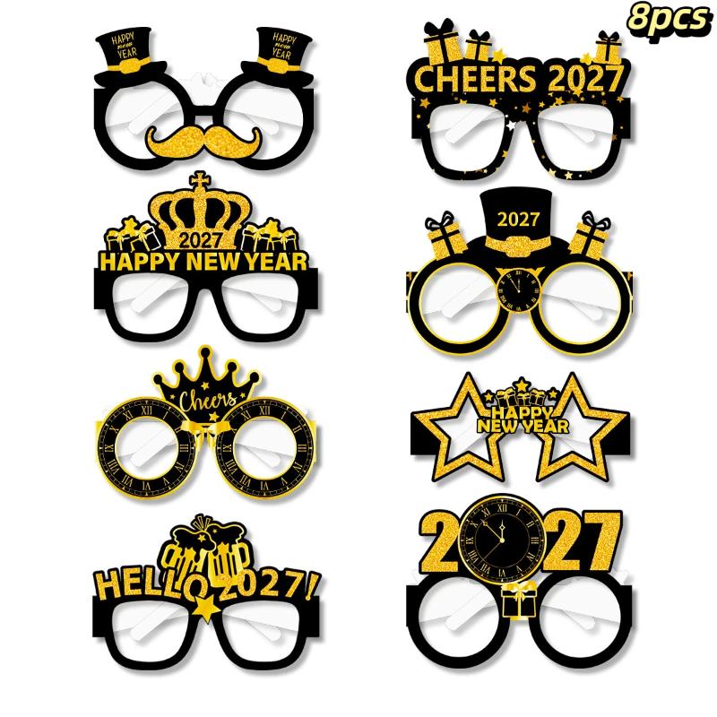 2027 Happy Year Party Paper Glasses 8Pcs Black Gold Glitter For Years Eve Gatherings Po Booth Props