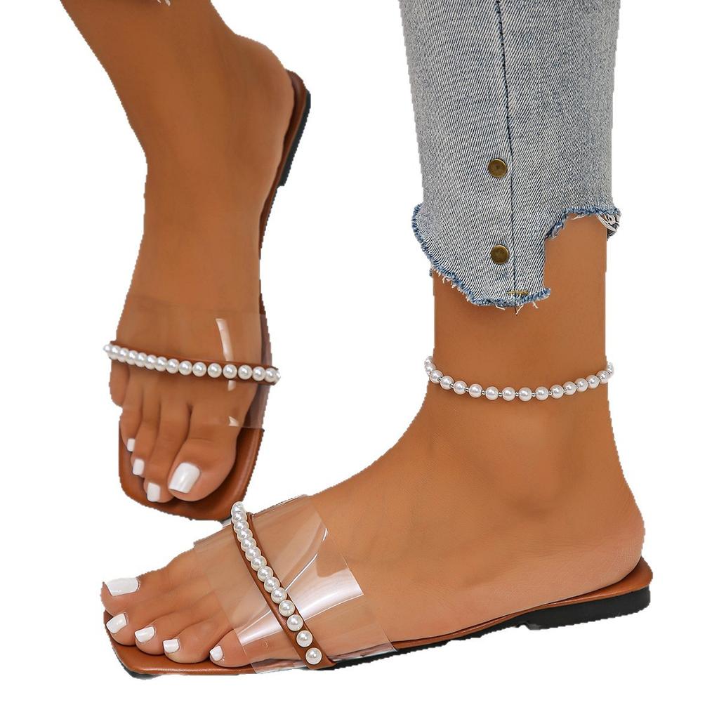 Fashion 2025 autumn new large size sandals pearl flat square toe sandals