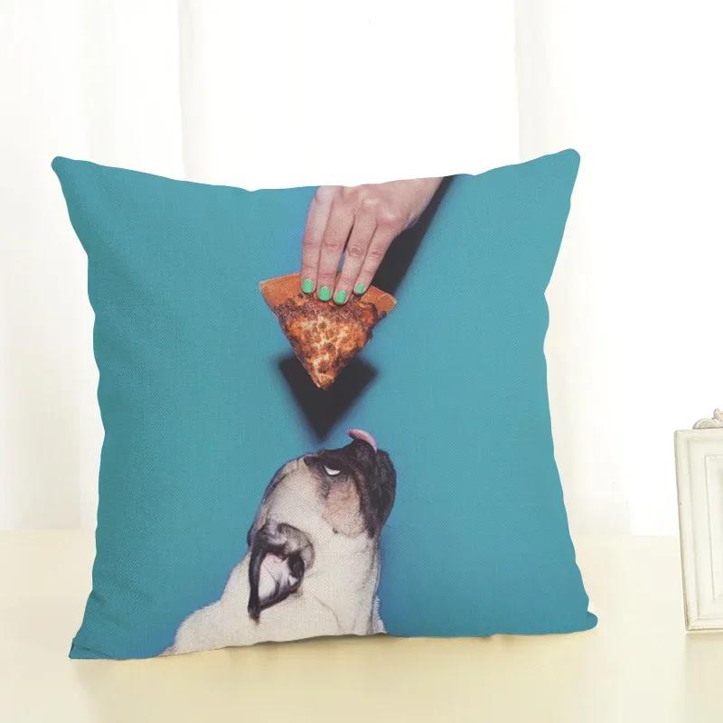 Funny Cartoon Pug Dog Printed Cushion Cover Linen Pug Dog Food Decorative Pillowcase Sofa Party Home Decor Sofa 45X45Cm