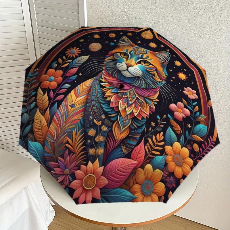 

1pc Colorful Mandala Cat with Flowers Umbrella with Plastic Handle,Suitable for All Seasons Home Travel Outdoor UmbrellaDD606