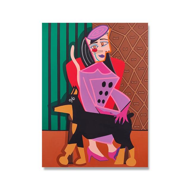 Solid Wood Frame Cartoon Cute Cat Lady with Dog Poster And Prints Animal Canvas Painting Abstract Wall Picture For Living Room Bedroom Home Decor