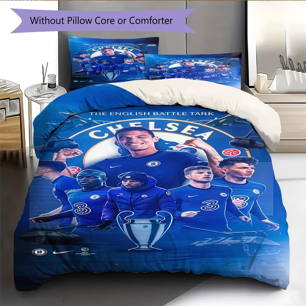 Chelsea FC Muster Bettwäsche Steppdecke Set Bettbezug Kissenbezug Heimdekoration Geburtstagsgeschenk (1 Bettbezug + 2 Kissenbezüge, ohne Füllung)