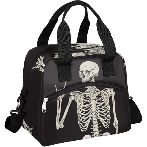 Funny Skull Lunch Bag Tote Bag Leakproof Cooler Bag Insulated Lunch Box with Front Pocket Water-resistant Thermal Lunch Bags with Shoulder Strap for