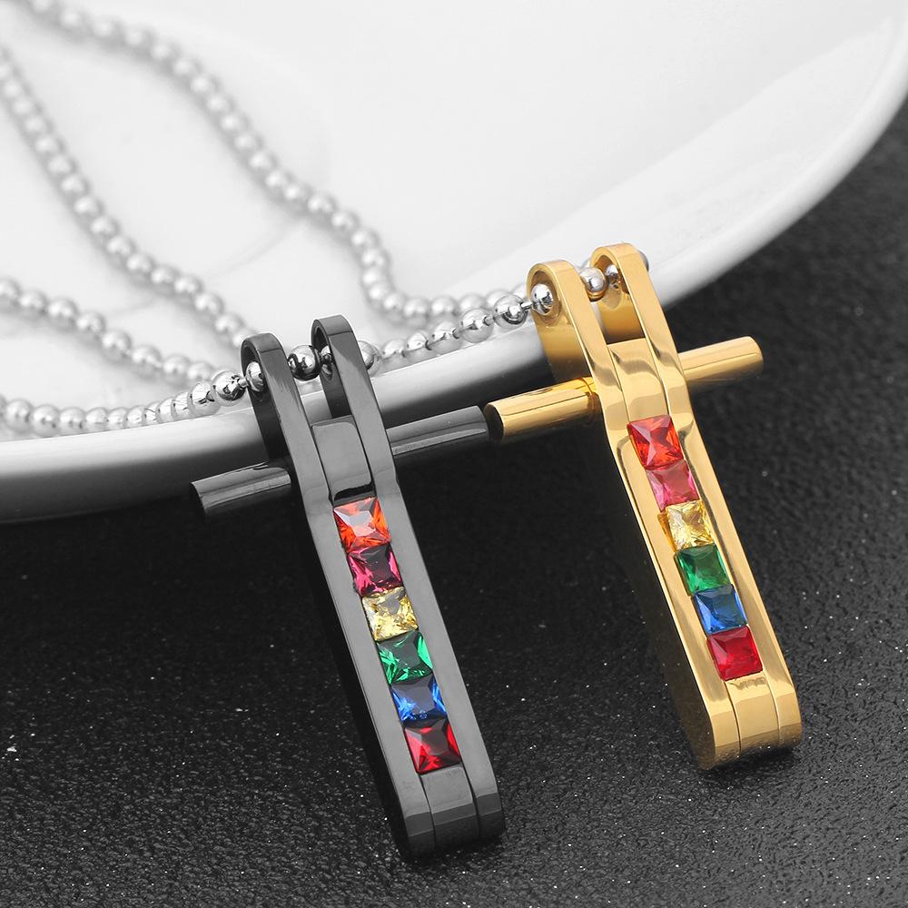 European and American Colorful Cross Rainbow Seven-color Splicing Versatile Titanium Steel Couple Pendant Necklace for Women