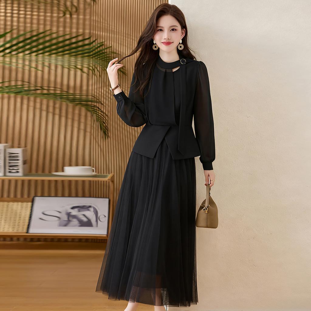 1116 Autumn New Chiffon Top Wide Leg Long Skirt Foreign Style Age Reduction Two-piece Set Women's Fashion Casual Women's Clothing Set