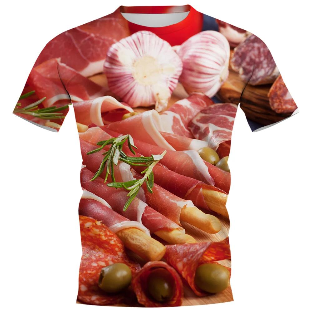 Yummy Food Graphic 3D Print T-shirts Delicacy Grilled Sausages Pullovers Summer Round Neck Fashionable Casual Short Sleeved Men's T-shirts
