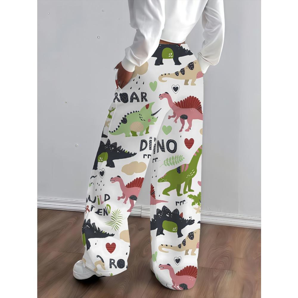 Women's printed dinosaur partner jogging pants, loose elastic waist drawstring sweatpants