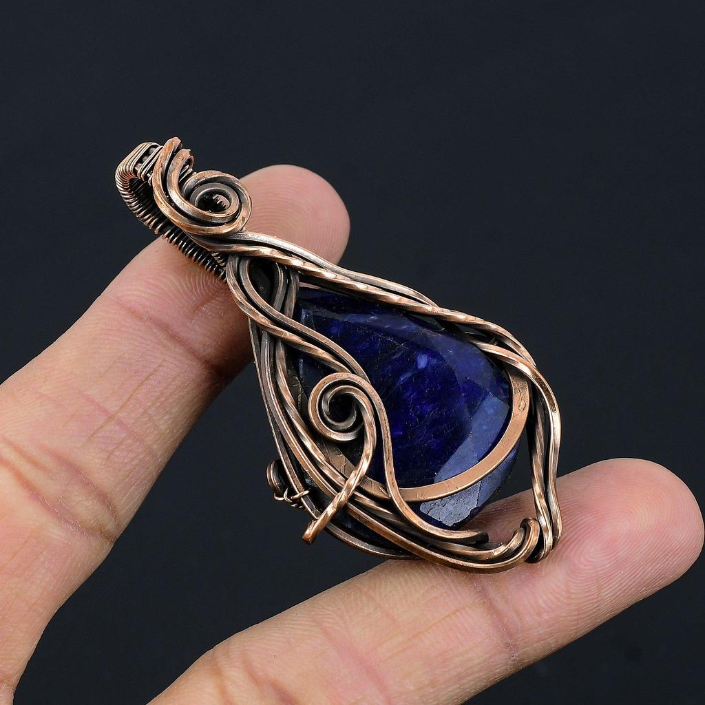 Pendentif Saphir Bleu, Pendentif Pierre Précieuse Fait Main, Pendentif Enveloppé de Fil de Cuivre 999 Bijou Antique, Pour Cadeau de Fiançailles