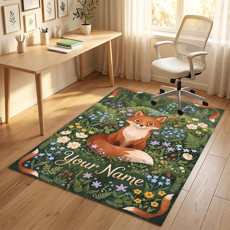 Fox Garden Theme Soft Crystal Velvet Rug Custom Name & Text Print Non Slip Floor Rug for Bedroom Living Room