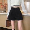 Women's Plus Size Black Wool Blend A-Line Shorts - Autumn/Winter Korean Style, High Waist, Loose-Fit, Wide Leg, Elastic Waist Bootcut.